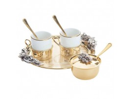 Иг-6053106 Кофейный набор 2 чашки с ложечками и сахарница на круглом подносе в золоте YOU AND MESERA FRUIT Chinelli