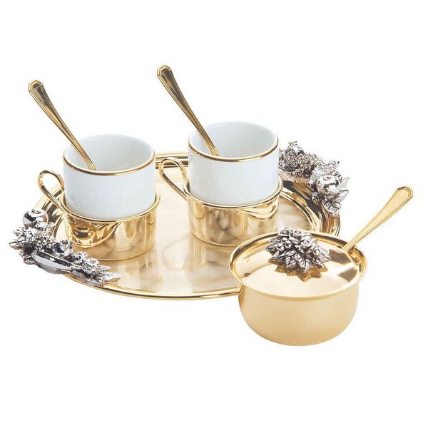 Иг-6053106 Кофейный набор 2 чашки с ложечками и сахарница на круглом подносе в золоте YOU AND MESERA FRUIT Chinelli