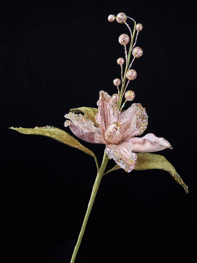 РТР 86663 ПРЕМИУМ ЦВЕТОК МАГНОЛИИ С ЛИСТЬЯМИ НЕЖНО-РОЗОВЫЙ С ГЛИТТЕРОМ И ПАЙЕТКАМИ НА НОЖКЕ 24Х45 СМ