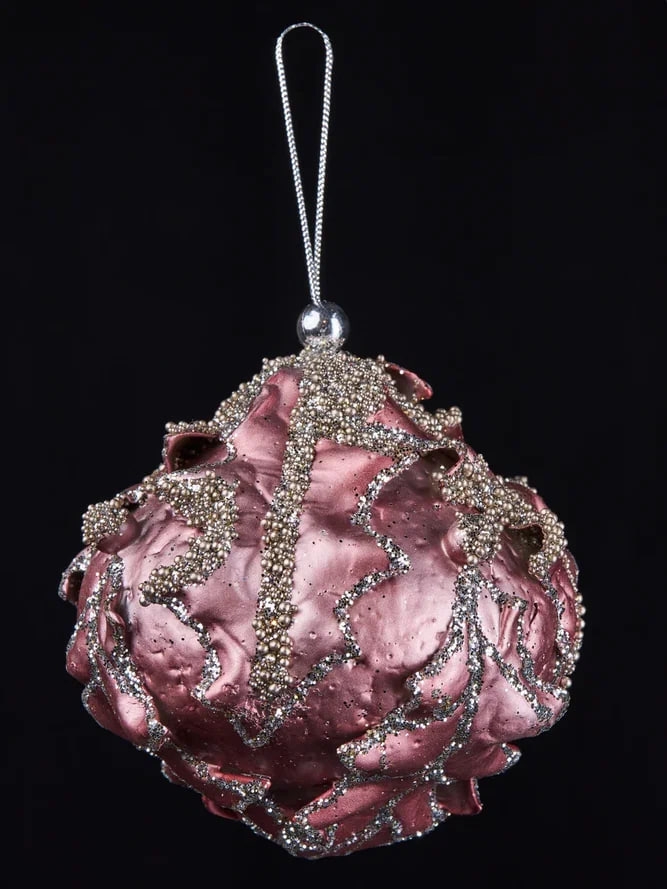 РТР 86640 ПРЕМИУМ ЕЛОЧНАЯ ИГРУШКА ШАР-ЛУКОВКА С ЛИСТЬЯМИ РОЗОВЫЙ 11х11 СМ