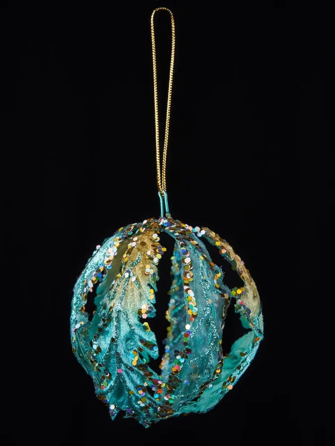 РТР 86523 ПРЕМИУМ ЕЛОЧНАЯ ИГРУШКА ШАР РЕЗНОЙ ИЗ ЛИСТЬЕВ БИРЮЗОВЫЙ С ЦВЕТНЫМ ГЛИТТЕРОМ Ø 8 СМ