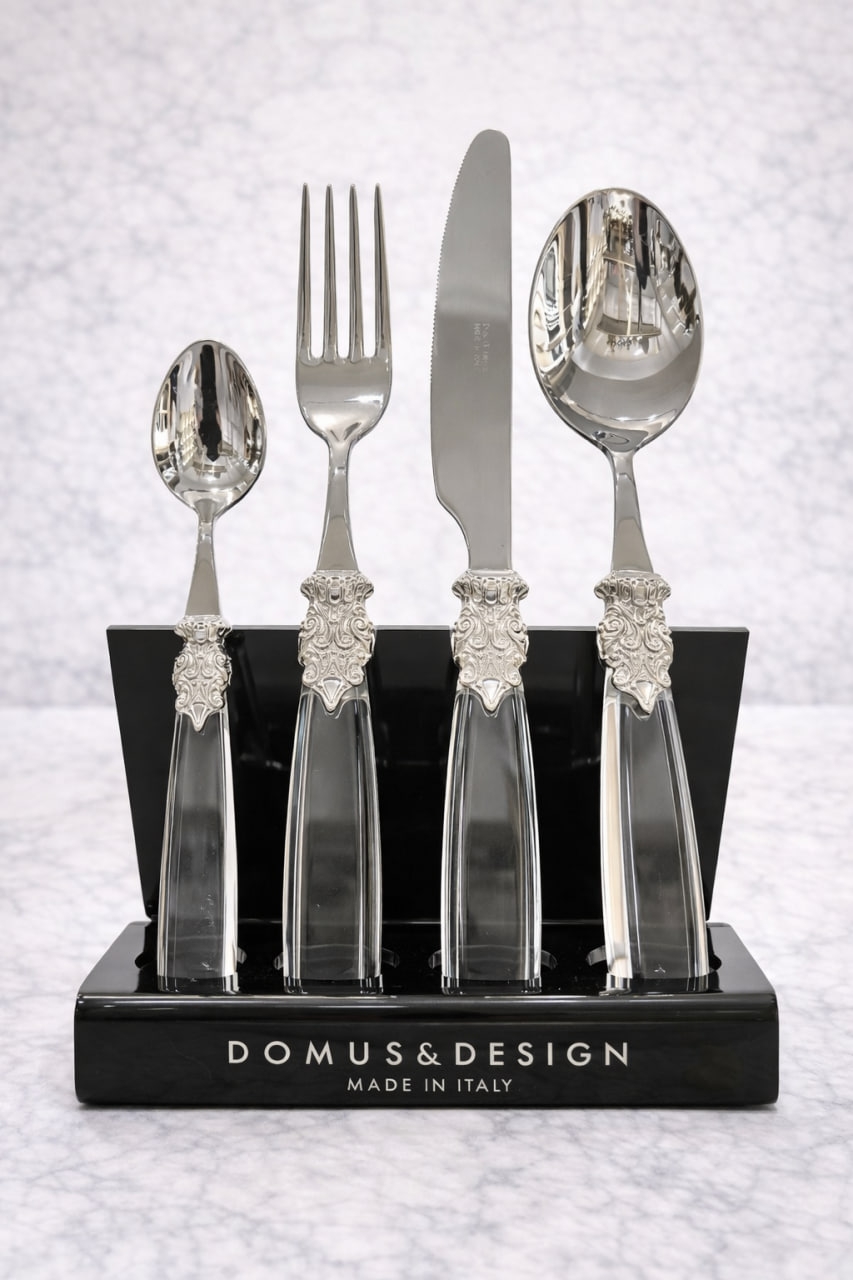 Дд-98 Столовые приборы на 12 перс "PARIS" прозрачный 49 пр в деревянной коробке CD49PRSS/TR Нерж.сталь+ серебро Domus Design