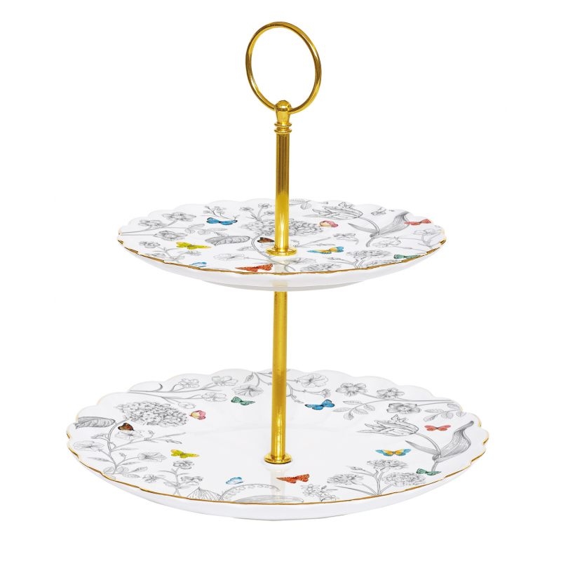Ил-136745 Двухъярусная фарфоровая подставка этажерка для торта Ø 16 / Ø 21 см  в цветной коробке "FLEURS ET PAPILLONS" 1284 FLEP