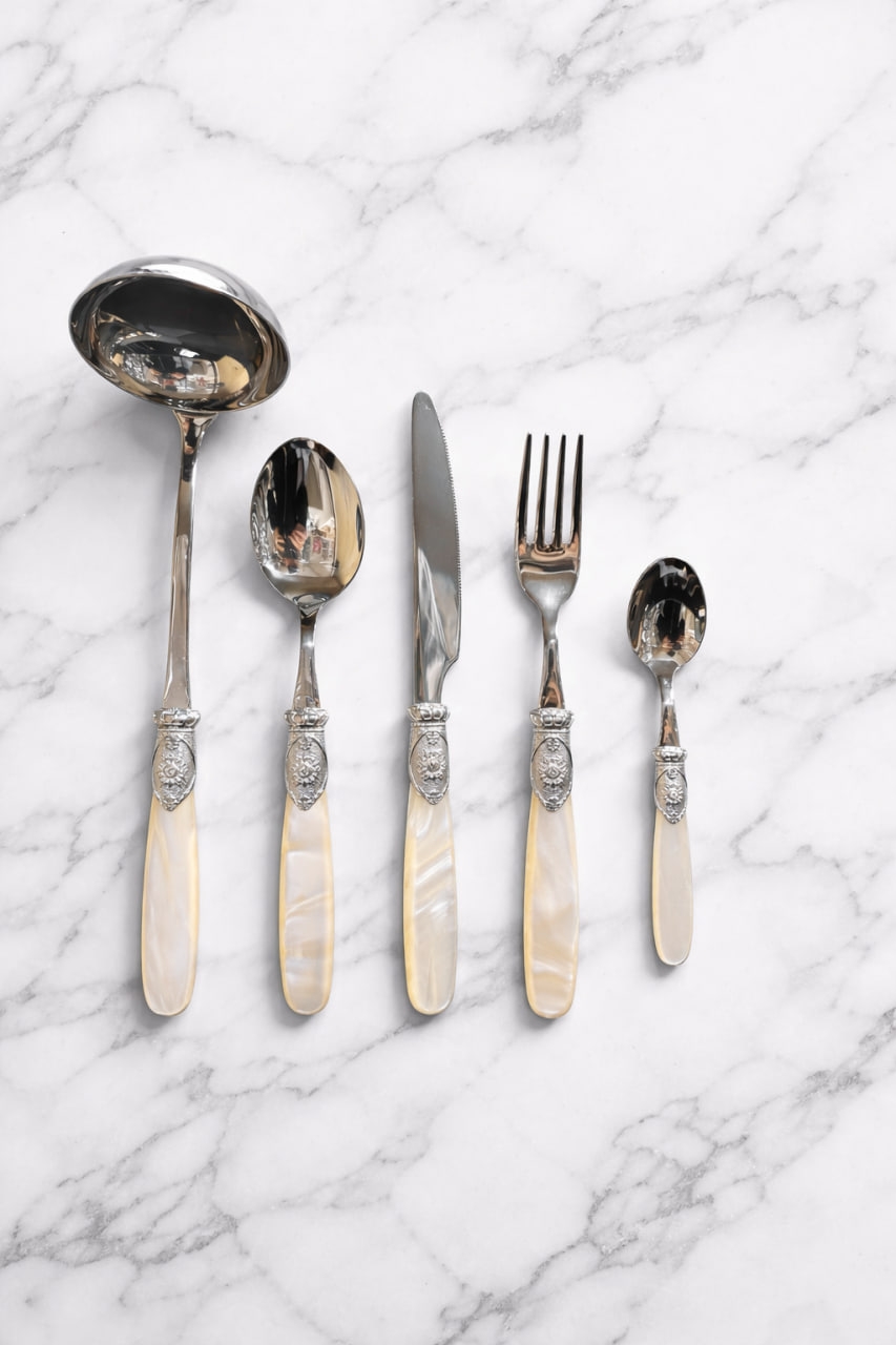 Дд-88 Столовые приборы на 12 перс "DUBAI" белый жемчуг 49 пр в деревянной коробке CD49DUSS/BN Нерж.сталь+ серебро Domus Design