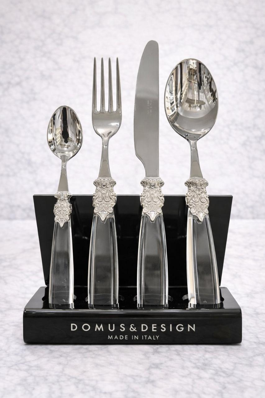 Дд-98 Столовые приборы на 12 перс "PARIS" прозрачный 49 пр в деревянной коробке CD49PRSS/TR Нерж.сталь+ серебро Domus Design